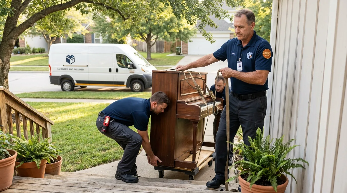 Licensed piano movers securing grand piano in Lyman, WY