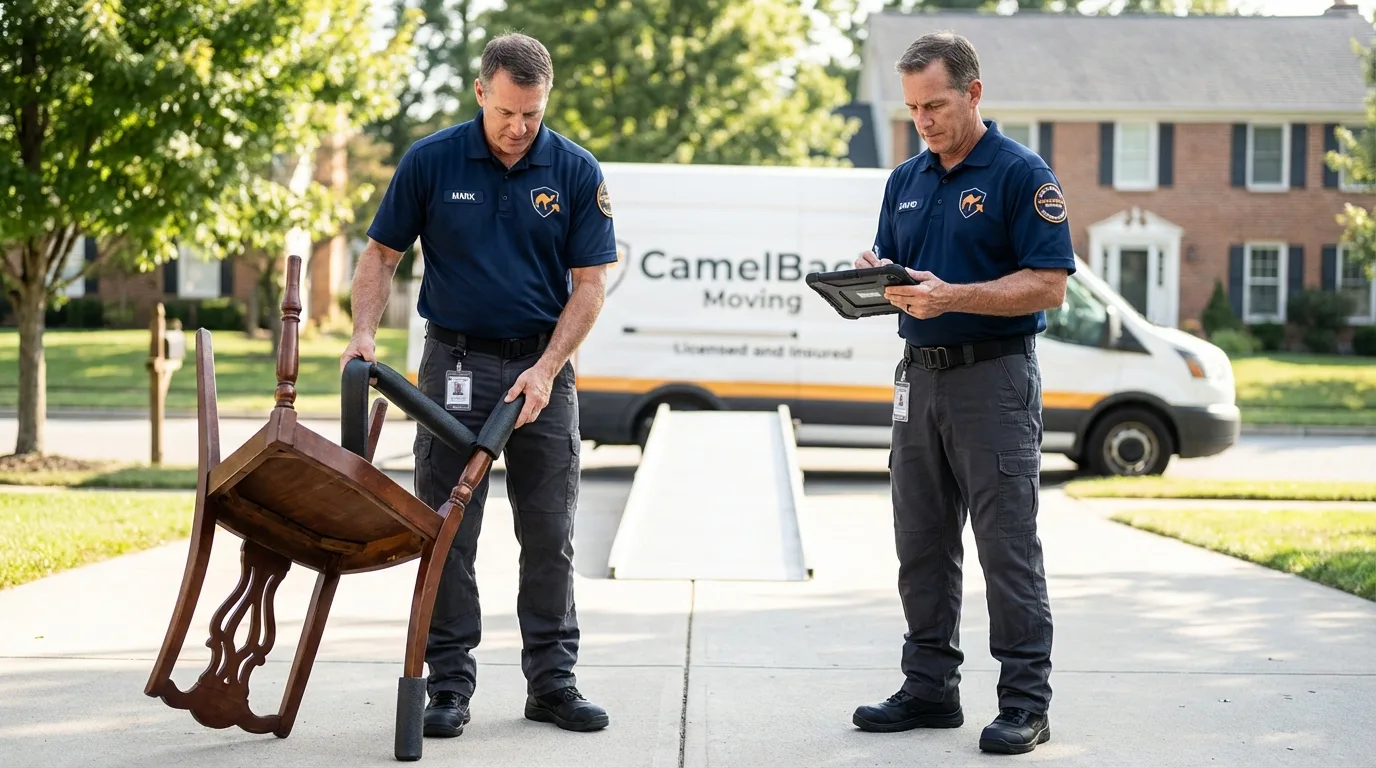 Movers inspecting furniture for damage prevention before loading in Lyman, WY