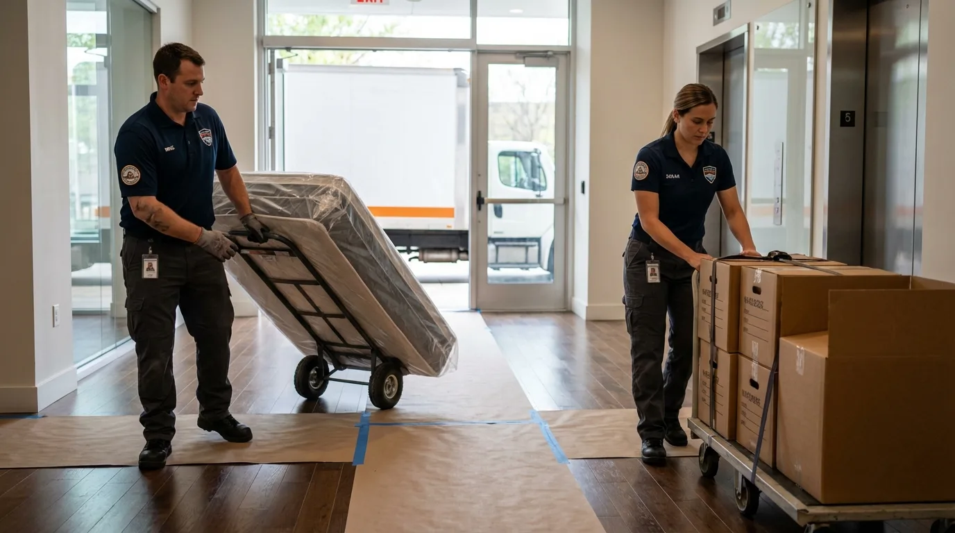 Professional apartment movers loading elevator in Lyman, WY